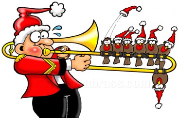 christmas carolling trombone with robins cartoon