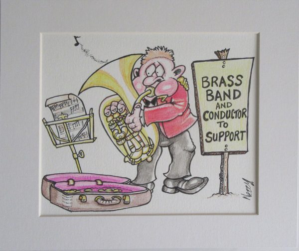 Original Cartoon Artwork - Bass Player in red Jacket Busking