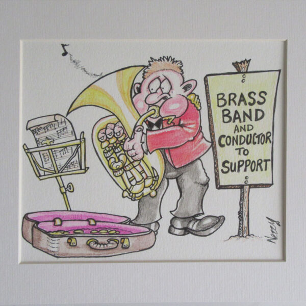 Original Cartoon Artwork - Bass Player in red Jacket Busking