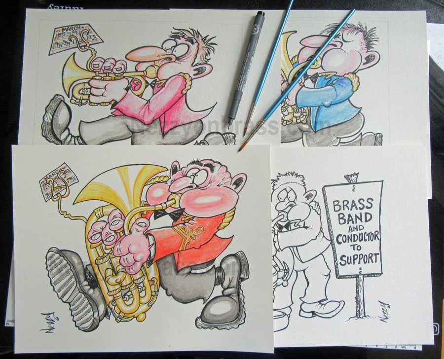 marching male brass band player cartoons watercolour nezzy