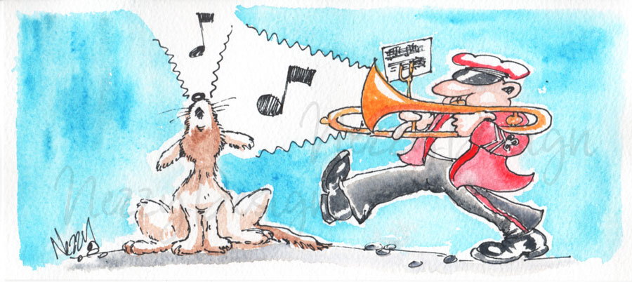 cartoon watercolour trombone and howling dog